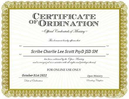 Ordained Minister Scribe Charlie Lee Scott PsyD JSD SM